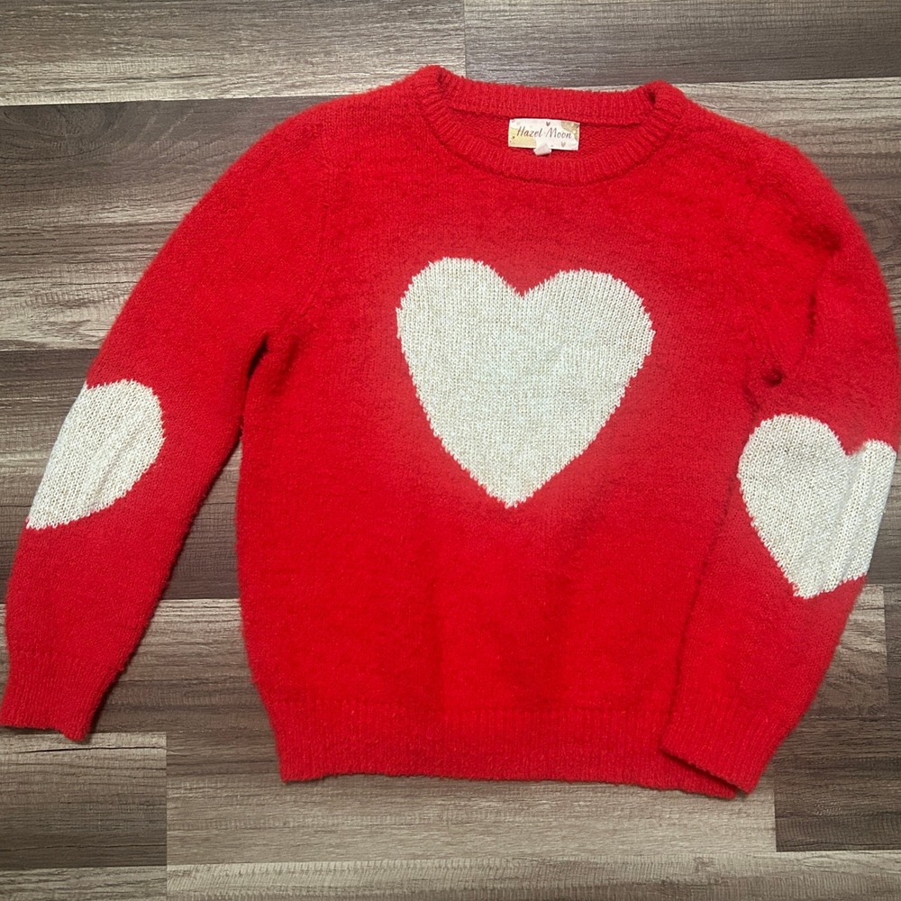 Hazel Moon Heart Sweater Kids 14 L Red Fuzzy Eyelash Knit Elbow Patches Girls